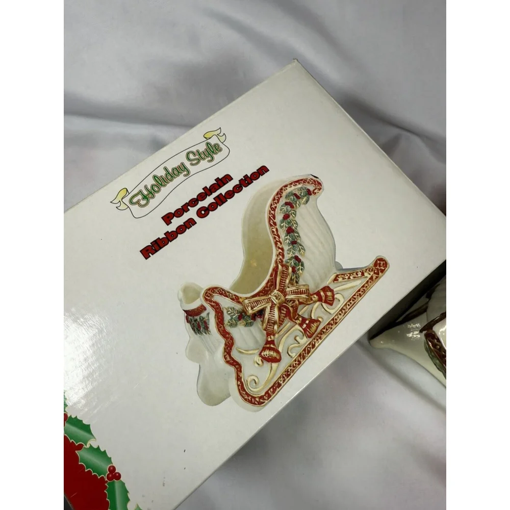 Holiday Style Porcelain Ribbon Collection Sleigh With Poinsettia EUC - Picture 10 of 11